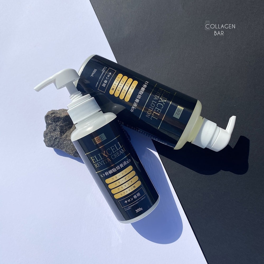 Elixcell Revita Cream и Elixcell Revita Lotion на черно-белом фоне. Вид сверху.